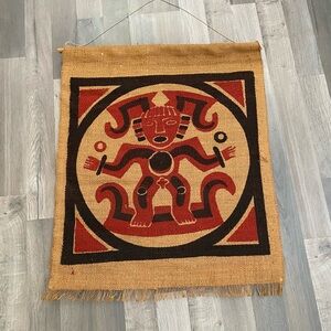 Mid Century Modern Print Burlap Mesoamerican Tapestry Art Wall Hanging Textile